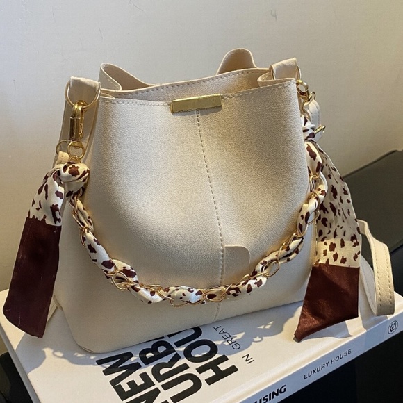 Handbags - Boho Off White Vegan Leather Scarf Detail Crossbody Bag